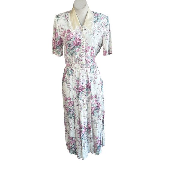Karin Stevens Vintage 80s Rose Cottage Floral Lace Collar Shirtwaist Dress - Picture 1 of 16